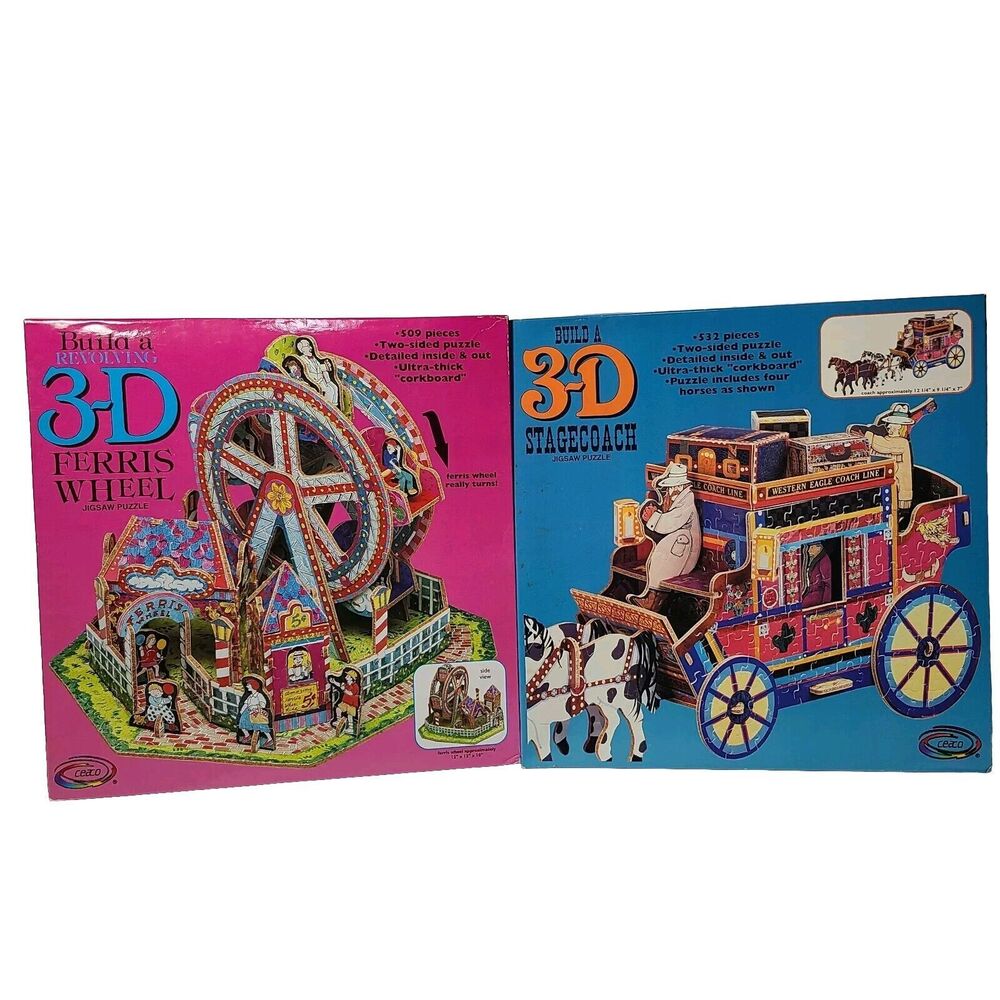 2 Ceaco 3-D Puzzles Stagecoach & Ferris Wheel Jigsaw Puzzles Vintage 1994-95